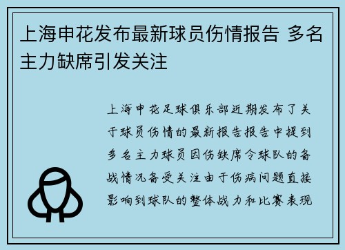 上海申花发布最新球员伤情报告 多名主力缺席引发关注